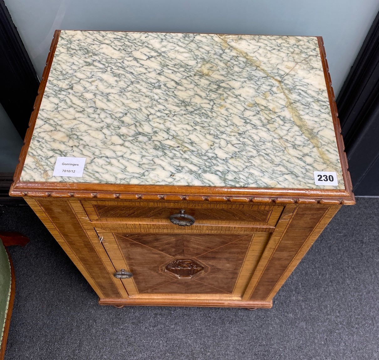An early 20th century French marble topped small side cabinet, width 48cm, depth 33cm, height 78cm